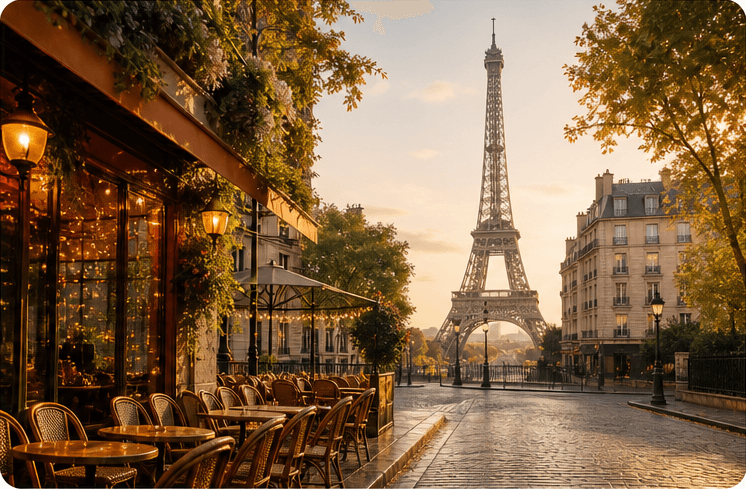 A quiet Paris street and café near the Eiffel Tower